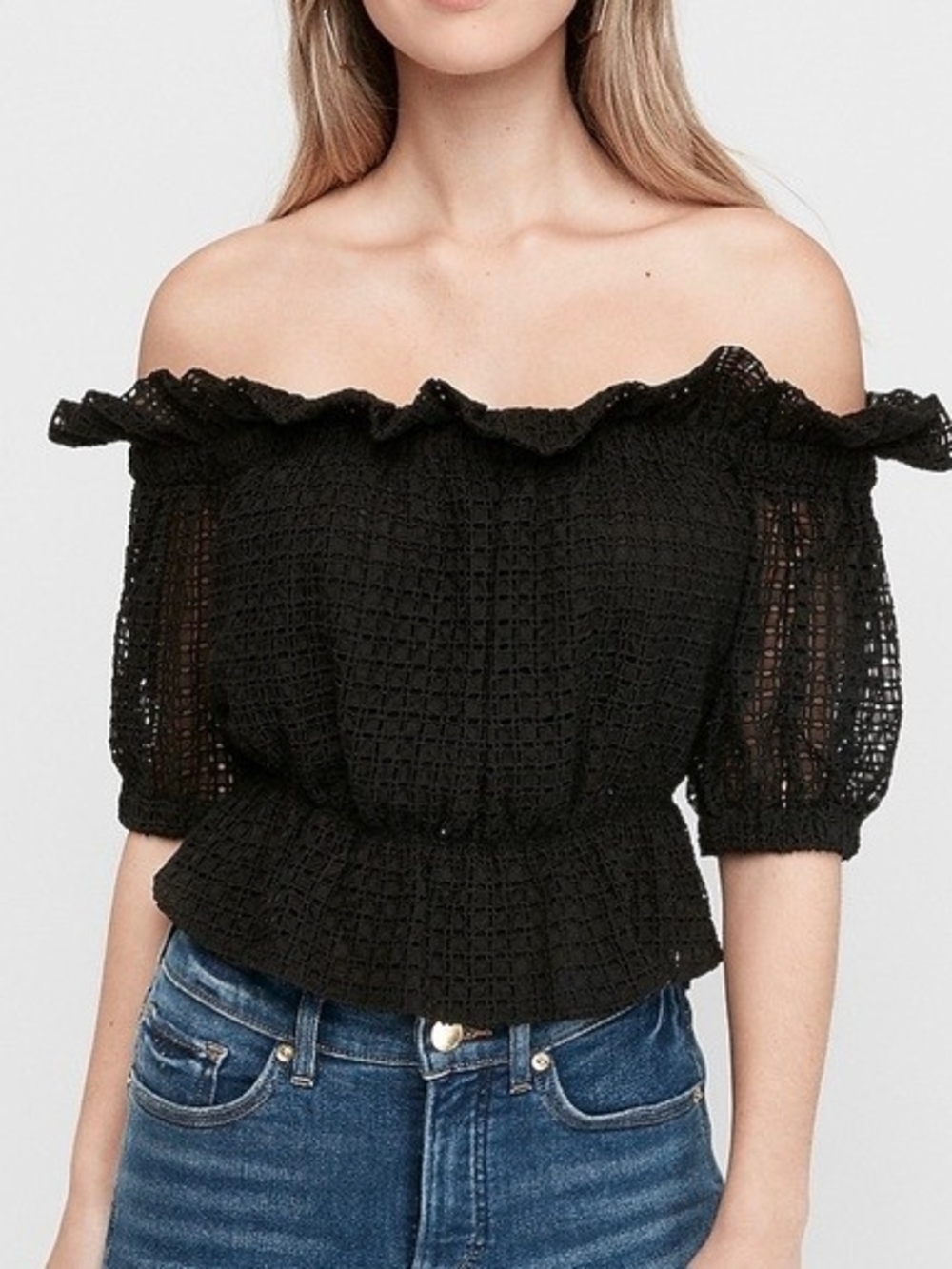 Express Black Off-the-Shoulder Smocked Peplum Top